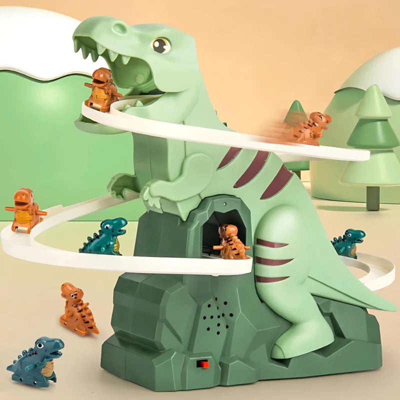 Barn leker med DinoRacers dinosauriebana med ljus och musik