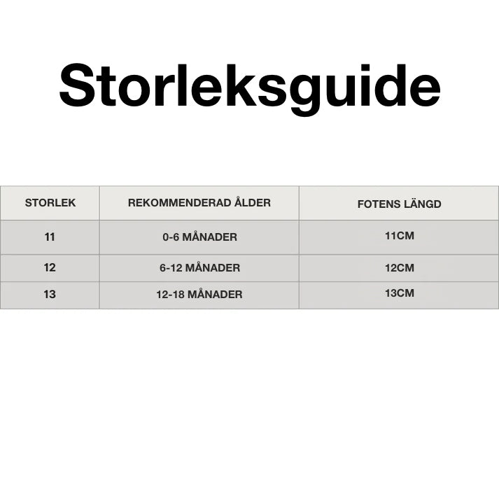 Storleksguide för babyskor med djurmotiv – visar storlek, ålder och fotlängd.